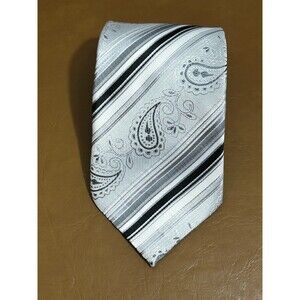 Giorgio Armani Necktie Mens Gray Embroidered Paisley Charcoal Striped 100%‎ Silk